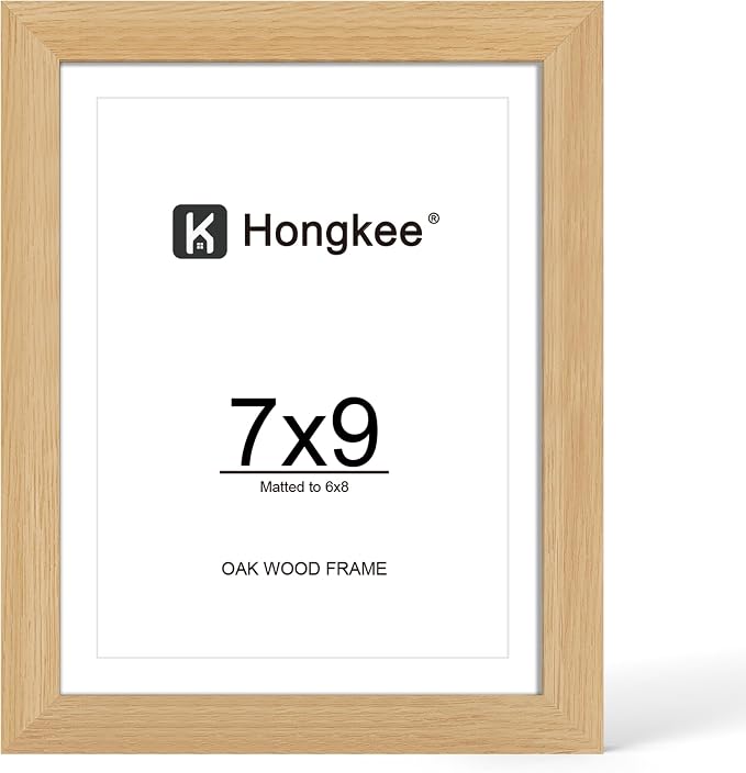 Hongkee 7x9 Oak Wood Picture Frame 1 Pack(Matted 6x8) with Real Glass Cover | Natural, 7 x 9 Solid Wood Frame for Wall or Tabletop Display - Includes Easel Back, Vertical Hang - Ideal for Home, Office