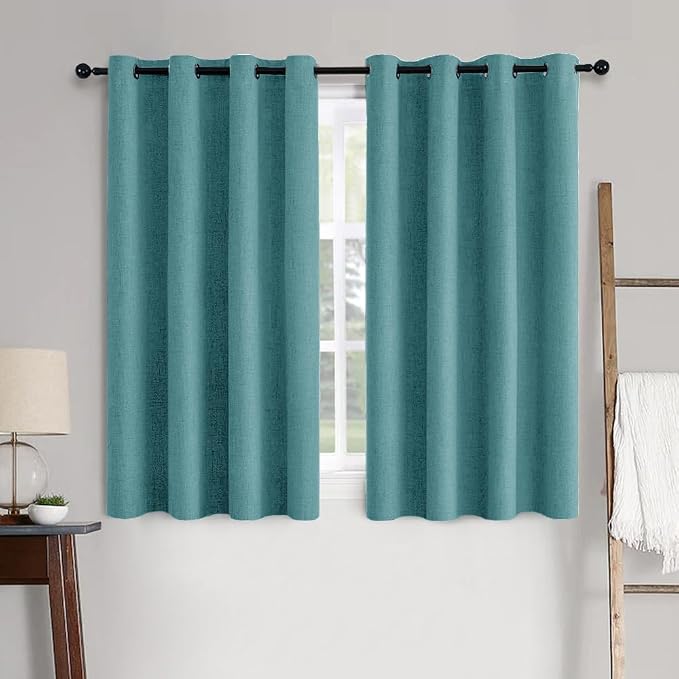 MIULEE 100% Blackout Linen Textured Curtains for Bedroom Solid Thermal Insulated Teal Grommet Room Darkening Curtains & Drapes Luxury Decor for Living Room 52 x 63 Inch (2 Panels)