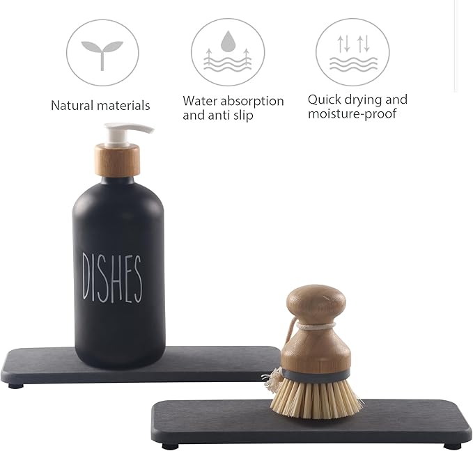 NiuYichee 2 Pcs Water Absorbing Stone Trays, Kitchen/Bathroom Sink Soap Dish, Diatomite Tray Used for Hand Soap & Cosmetic Bottles in The Modern Home, 3.54" W x 9" L, Dark Gray