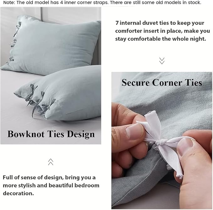Simple&Opulence 100% Linen Duvet Cover Set 3pcs with Bowknot Ties Closure Natural French Washed Flax Solid Color Soft Breathable Farmhouse Bedding - Dusty Blue, King Size