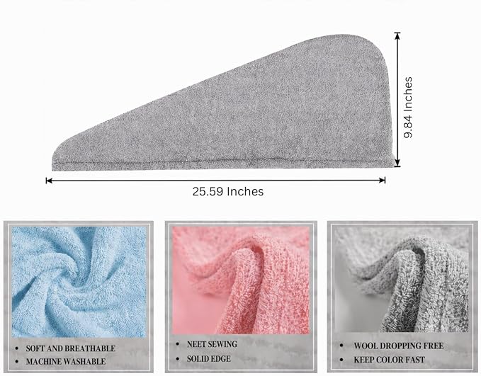 KELVO Microfiber Hair Towel Wrap for Women - Pack of 3, 350 GSM Super Absorbent Quick Dry Hair Turban, Anti-Frizz Head Wrap for Curly, Long & Thick Hair, Soft Hair Drying Towel (3 Gray Solid)
