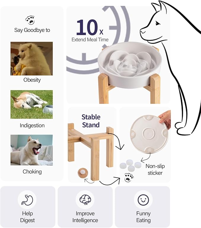 8.26 in White Dog Bowl Slow Feeder Ceramic for Medium and Large Breed, Elevated/Raised Slow Feeding Dog Food Water Dish Heavy Weighted,Puppy Dish for Fast Eaters,Puzzle Eating Bowl Modern Maze