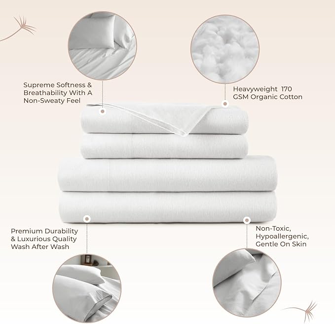100% Organic Flannel Sheets Twin Size - GOTS Certified 100% Cotton Flannel Sheets Set with Comfortable Soft Brushed Finish & Deep Pocket - 1 Flat 1 Fitted & 1 Pillowcase (White, Twin)