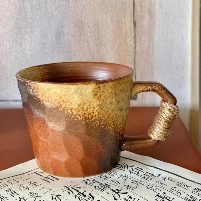 10oz Retro Vintage Japanese Style Handmade Ceramic Tea Cup with Handle, Lead-Free Reactive Glaze Artisanal Coffee Mug, Handmade Pottery Tea Mug for office and home,for Latte and Cappuccino,Brown
