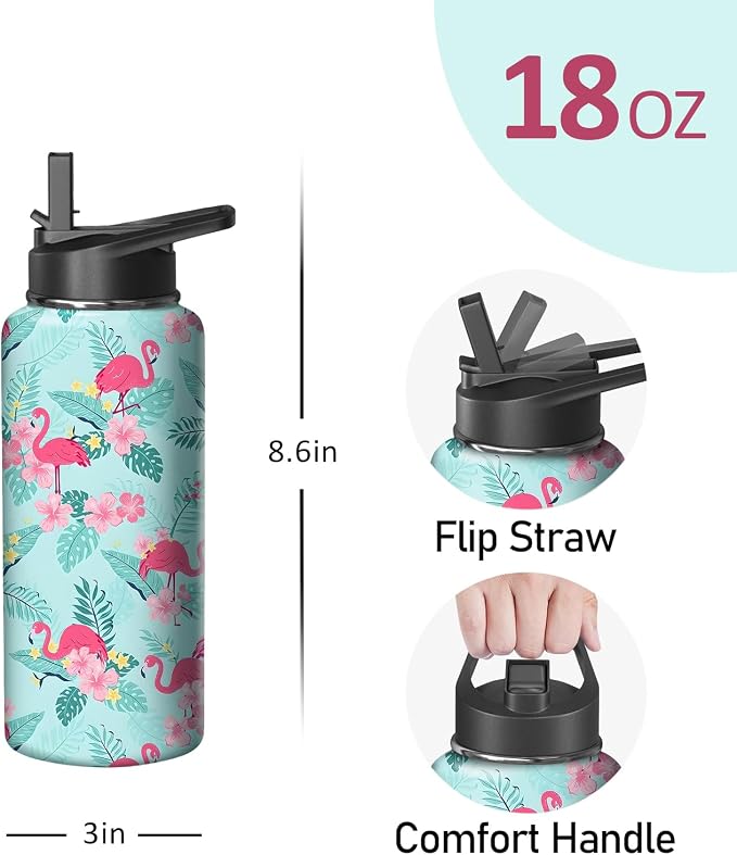 18oz Flamingo Water Bottle with Handle and Flip Straw, Animal Sports Stainless Steel Insulated Cup Travel Coffee Mug Tumbler, Birthday Mothers Day Chritmas Gifts for Women