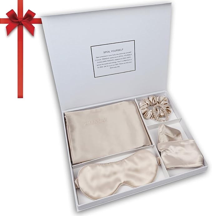 ZIMASILK 22 Momme Silk Pillowcase for Hair and Skin - 100% Pure Mulberry Silk with Hidden Zipper, Gift Box, Comes with Pillowcase Mask Headband Scrunchies (Queen 20"x30", Light Beige)