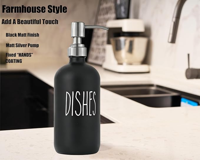 Black Glass Soap Dispenser with Stainless Steel Pump, Farmhouse Style Hand & Dish Soap Dispenser for Bathroom and Kitchen Sink, Soap Dispenser for Kitchen Sink (Black d)