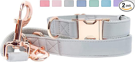 Soft Leather Dog Collar and Leash (6.6') Set - Stylish Rose Gold Heavy Duty Metal Buckle, 4 Adjustable Lengths Leash for Small Medium Large Dogs - Comfortable & Easy to Clean Grey M(13.8"-19.7")