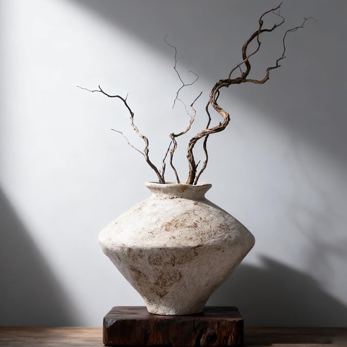 Wabi Sabi Vase 11.5" Whitewashed Distressed Ceramic Vase with Brown Speckles, Wide Mouth Rustic Vintage Vases for Table Centerpieces, Farmhouse Home Decor for Living Room Entryway Shelf