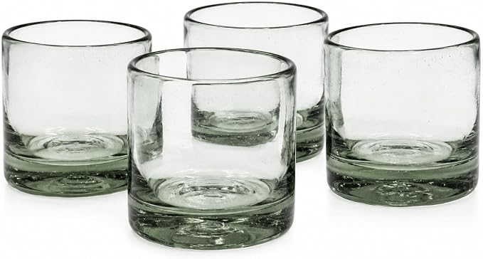 Aztecas Design Handblown Recycled Glass Drinking Glasses, Clear, Set of 4, Classic Style (10oz)
