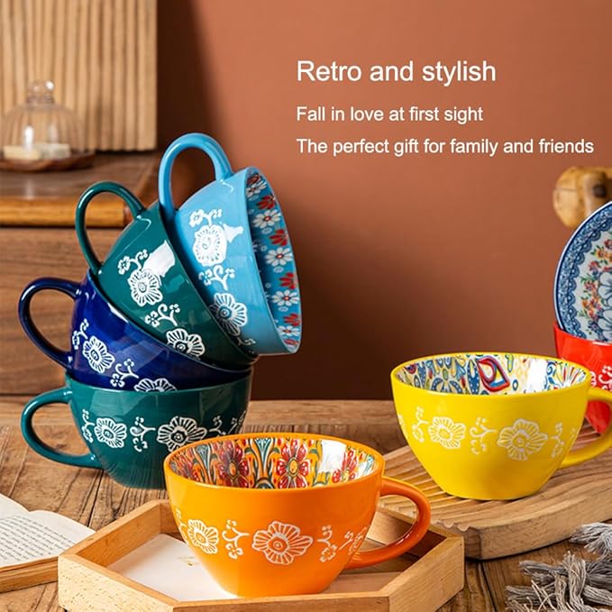 Yellow Ceramic Mug, Bohemian Hand-Painted, 15 Oz Large Coffee Cup for Milk, Tea, Breakfast, Dishwasher & Microwave Safe Cup