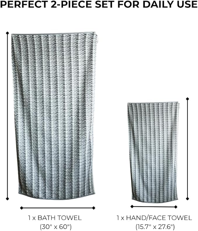 Premium Luxury Waffle Weave Cotton Towel Set - 160g Hand Towel & 650g Oversized Bath Towel (30"x60") - Ultra Absorbent, Quick-Dry, Soft Textured Jacquard (Earth Grey)