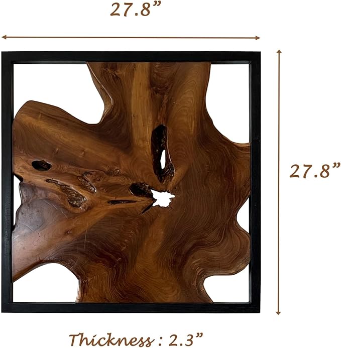 Warmaxx Rustic Teak Wood Wall Art 27.8"L x 27.8"W x 2.3" Thickness Farmhouse Framed Wall Art Aesthetic Decoration Square Home Office Dorm Handmade Freeform Pattern Natural Wall Décor Living Room Bedroom Hallway
