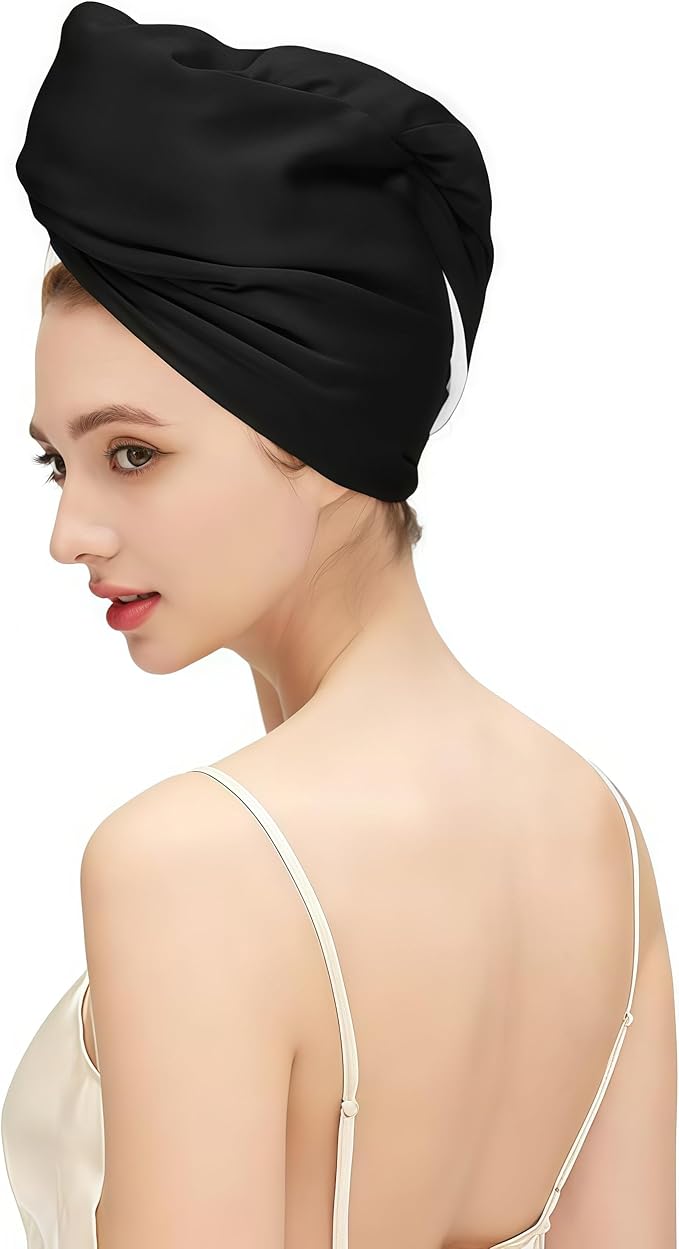 Satin Microfiber Hair Towel Wrap for Women - Super Absorbent, Quick Dry, Anti-Frizz - for Long and Short Hairs, Turbans for Women, Wet and Curly Hair Wrap (Black)