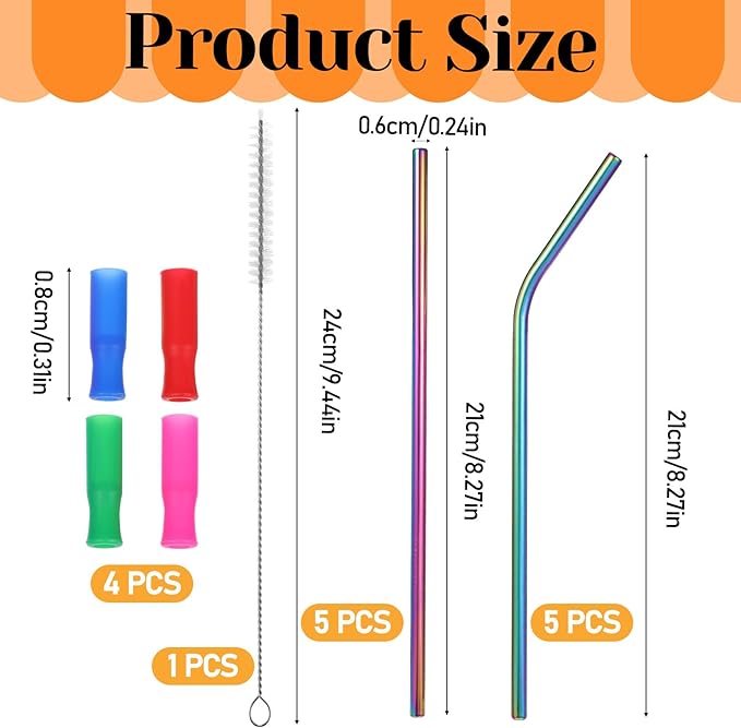 10Pcs Reusable Stainless Steel Metal Straws with 2 Cleaning Brush & 4 Silicone Tips, Long Metal Straws Metal Drinking Straw for 20 oz Tumbler, Tall Wine Bottle (Vibrant)