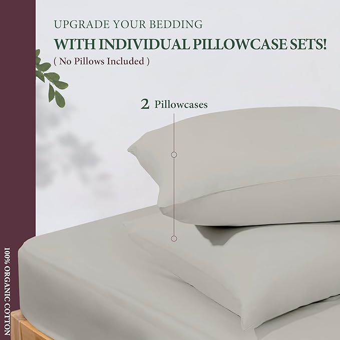 100% Organic Cotton Pillow Cases King Size Set of 2 - Organic Cotton Percale Weave Pillowcases King Size (Light Grey), Soft, Cooling, Crisp & Breathable Percale Pillow Covers