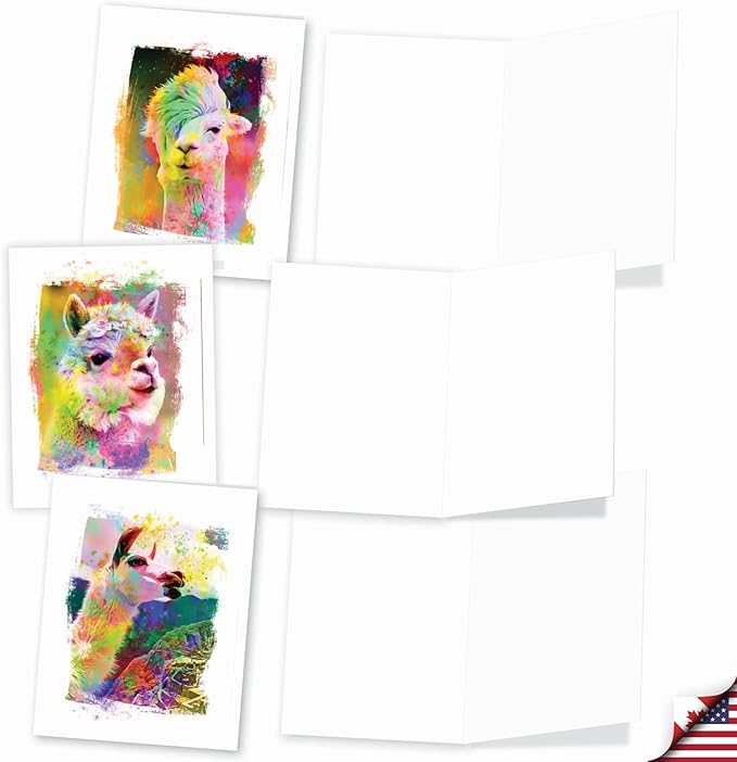 The Best Card Company Assorted Animal Watercolor Blank Greeting Card Box Set - Incl. 10 Unique Notecards Designs + Envelopes for Thank You, Invitations - Funky Rainbow Llamas AM6862OCB-B1x10