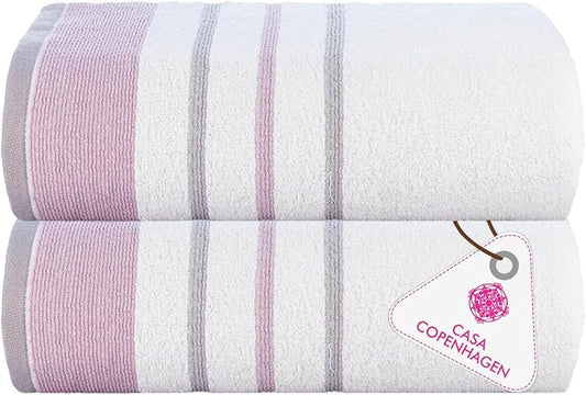 CASA COPENHAGEN White Bay 2Pcs 100% Egyptian Cotton Large Designer Bathsheet Towels Gift Set- Grey - Purple, 600GSM, 35"x70" 2Bath Sheet Towels for Bathroom (Gift Set for Women & Men)