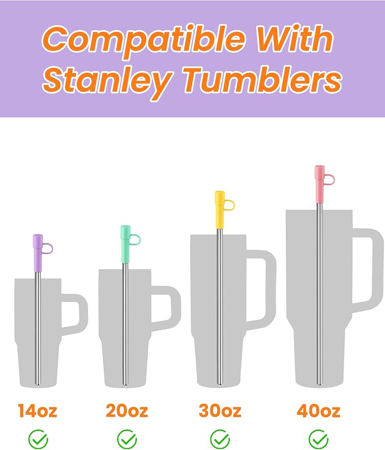NiHome 6PCS Reusable Anti-Wrinkle Straw Set Fit for Stanley Tumblers, 3 Lengths Stainless Steel Drinking Straws with Silicone Tips Fit for 14oz 20oz 30oz 40oz, Protective Caps & Brushes (6 Colors)