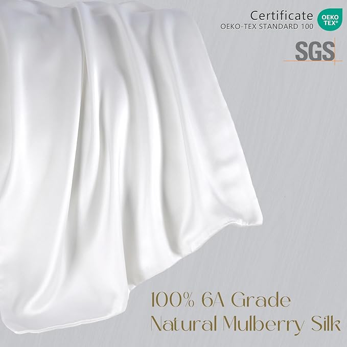 ZIMASILK 100% Pure Mulberry Silk Pillowcase for Hair and Skin Health,Soft and Smooth,Both Sides Premium Grade 6A Silk,600 Thread Count,with Hidden Zipper,1pc(Standard 20''x26'',White)