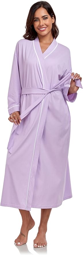 COLORFULLEAF 100% Cotton Women's Robes Summer Lightweight Kimono Soft Long Cotton Bathrobe for Women with Pockets