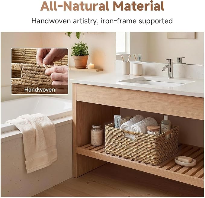StorageWorks Extra Large Wicker Baskets for Storage, Water Hyacinth Storage Baskets for Shelves, Decorative Basket, Natural, 1-Pack, 16½" x 13" x 7½"