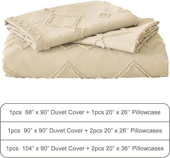 EMME Queen Duvet Cover Boho, Tufted Microfiber Comforter Cover Set for All Seasons, 3 Pieces Embroidery Chic Boho Bedding Set, 1 Duvet Cover + 2 Pillowcases (Beige, Queen)