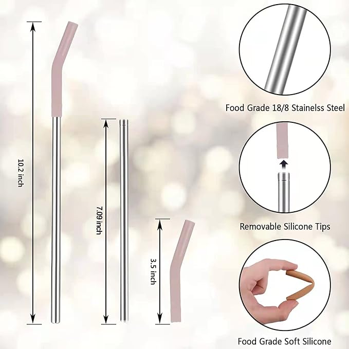 Tronco Set of 6 Stainless Steel Reusable Metal Straws with Silicone Flex Tips Elbows Cover, Metal Drinking Straws for Tronco Tumbler, 6 Steel Straws,6 Silicone Tips,1 Straw Cleaning Brush