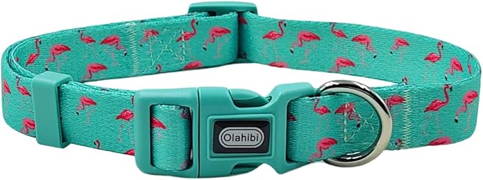 Dog Collar Leash Set, Flamingo Pattern, Polyester Material, Adjustable Collar and 5ft Matching Leash, for Small Dogs.(S, Green Flamingo)