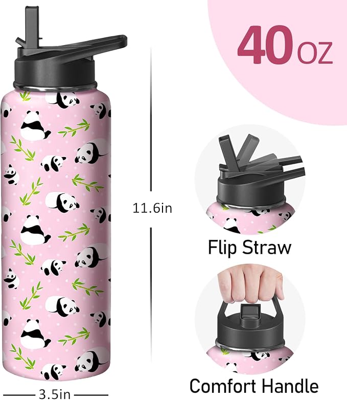 40oz Pink Panda Water Bottle with Handle and Flip Straw, Sports Stainless Steel Insulated Cup Travel Coffee Mug Tumbler, Birthday Mothers Day Chritmas Gifts for Women