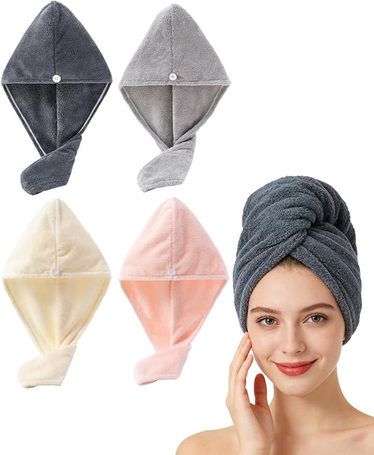 Lumimi Microfiber Hair Towel Wrap 4 Pack - Gym & Shower & Travel Quick Dry Turban, Secure Button Closure for Active Women, Anti-Slip Design for Thick/Curly Hair, Compact 25x65cm (4-Piece Set)
