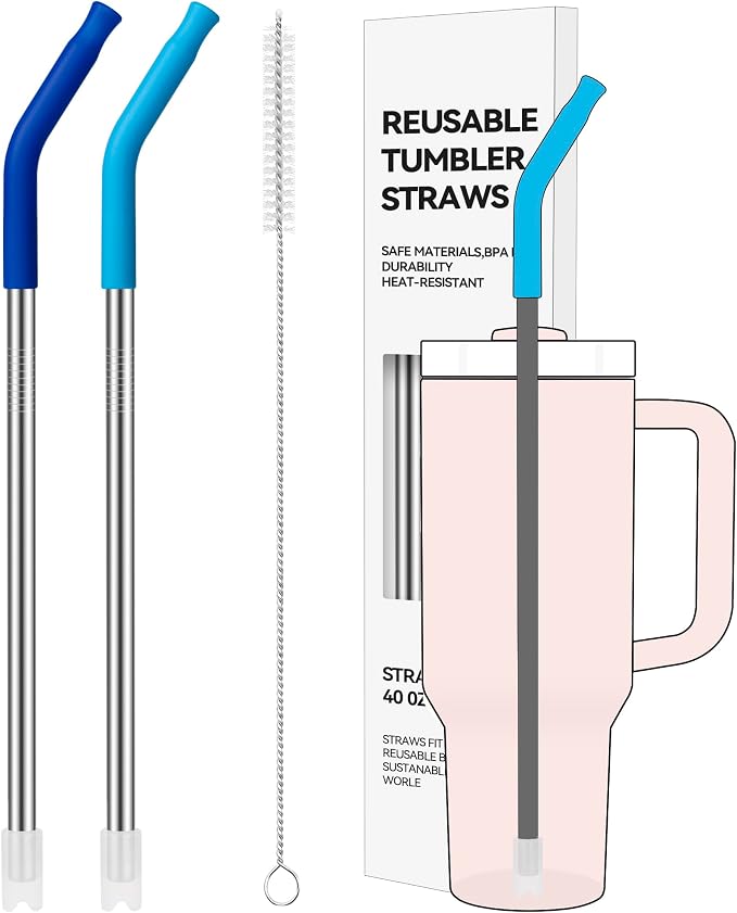 2 PCS 40oz Metal Straws for Stanley 40oz Cup & 64oz Jugs | Extra-Long Stainless Steel Straws with Removable Silicone Tips, Fits Large Tumblers & Oversized Mugs