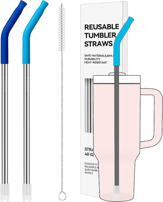 2 PCS 40oz Metal Straws for Stanley 40oz Cup & 64oz Jugs | Extra-Long Stainless Steel Straws with Removable Silicone Tips, Fits Large Tumblers & Oversized Mugs