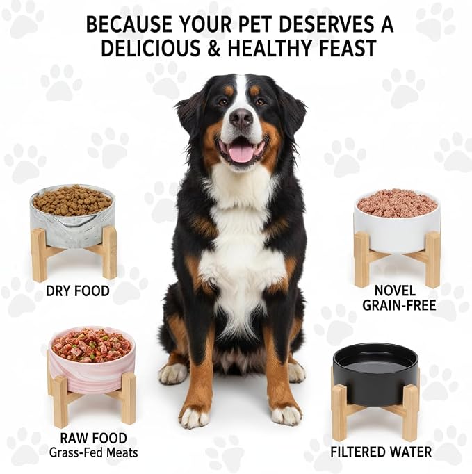 Elevated/Raised Ceramic Dog Bowl with Bamboo Stand,Marble Pattern 7 Inch 7.6 Cups Non Slip Heavy Weighted Single Pet Dish,Reduces Neck Strain Marble Gray