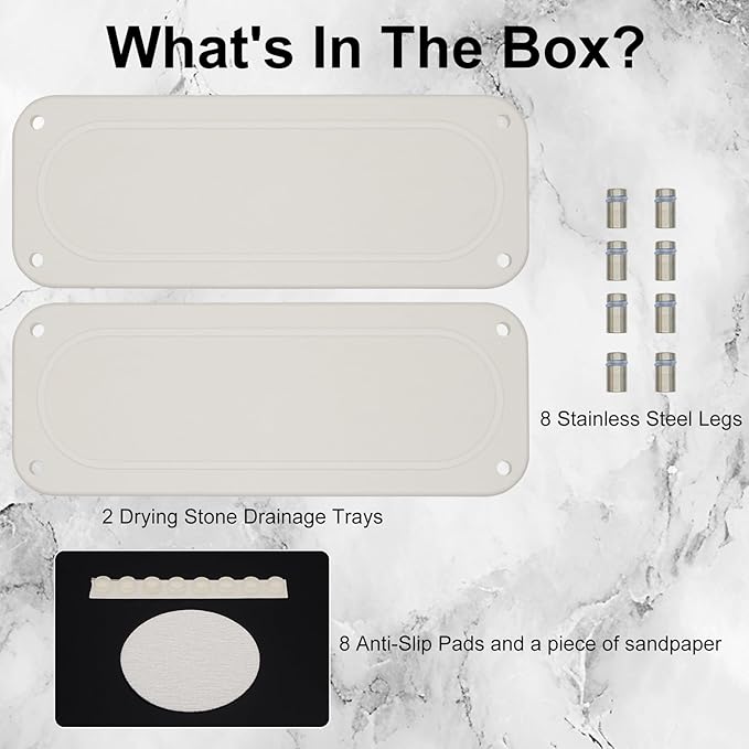 2PCS Water Absorbing Stone Trays, Diatomite Bathroom Counter Tray, Caddy Kitchen Sink Organizer Tray, Faucet Drying Mat Coaster Soap Dish Riser Dispenser Sponge Holder (White, 12'' x 4'')