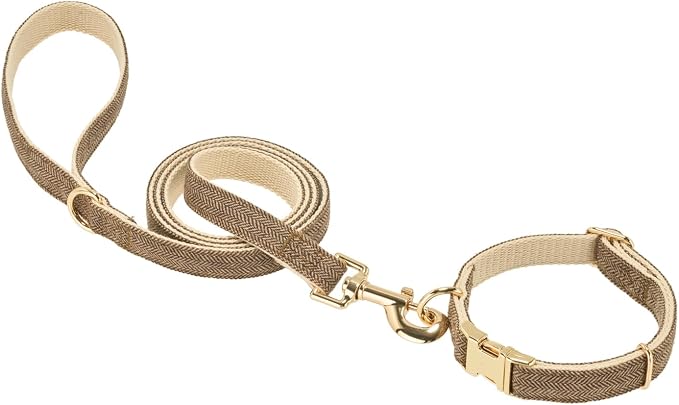 Luxury Soft Cotton Tweed Fabric Dog Collar & Leash Set with Gold Buckle – Durable Fabric, Stylish Design for Everyday Walks(Medium Coffee)