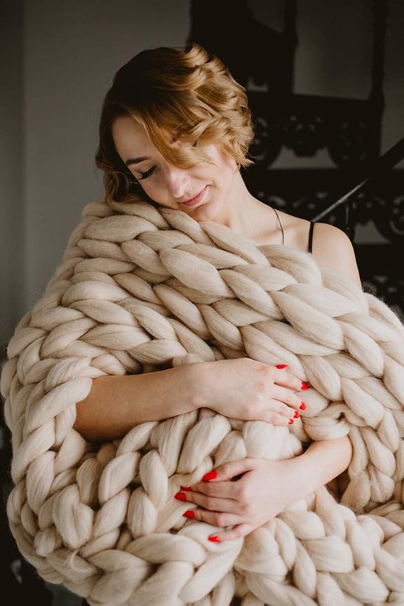 Chunky Knit Blanket Throw for Gift, Bed, Sofa; Handmade, Camel 40"x80"