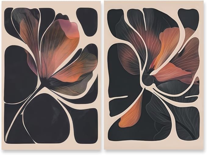 HUYKON Abstract Floral Wall Art Prints Set of 2 Modern Mid Century Botanical Canvas Painting Posters Black Orange Flower Picture Wall Decor Aesthetic for Bedroom Home Decor 24x36inch Unframed