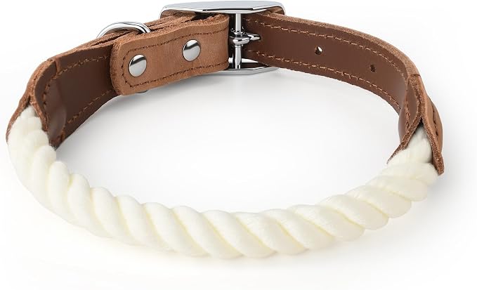 Mile High Life Genuine Leather Dog Collar, Durable Braided Cotton Rope Collar with Metal Pin Buckle for Small Medium Large Dogs (Cream, S Neck 11"-15")
