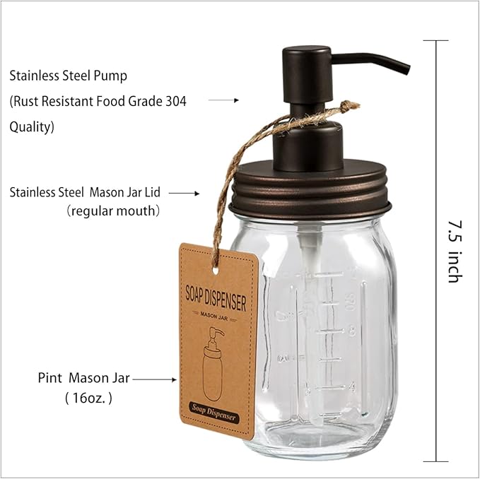 Amolliar 4 Pack Mason Jar Liquid Soap Dispenser, Rustproof Stainless Steel Lid Pump, Refillable Hand Soap for Bathroom, Kitchen, Cute Farmhouse Decor for Dish Soap, Liquid Soap, Lotions(Bronze)