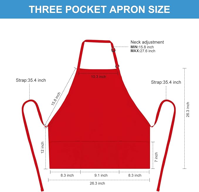 Jubatus 2 Pack 3 Pockets 100% Cotton Adjustable Bib Apron Chef Kitchen Cooking Aprons for Women Men, Red