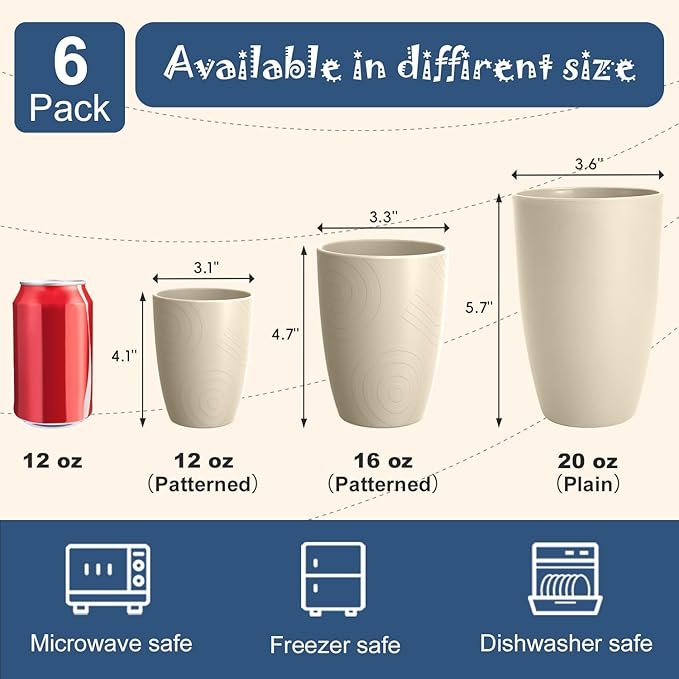 Unbreakable Wheat Straw Cups, Alternative to Plastic Cups Set 6 PCS, 16 OZ Drinking Cups Reusable, Dishwasher Safe Tumblers & Water Glasses for Kitchen RV Party Outdoor, Beige