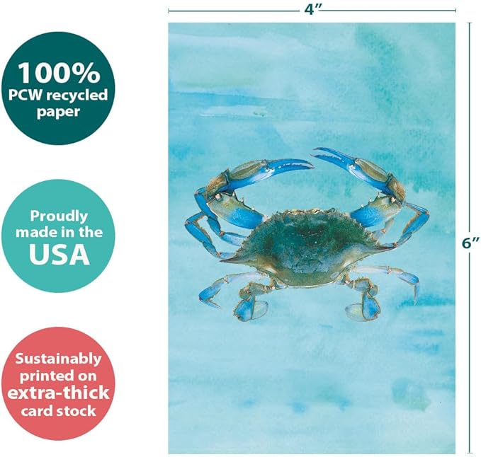 Tree-Free Greetings Blue Crab All Occasion Cards - 12 Recycled 4x6 Notecards & White Envelopes, Thick Cardstock, Sustainably Made in USA - Watercolor Ocean Art