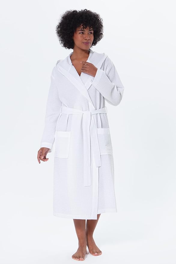 SEYANTE Women's Organic Cotton Waffle Kimono, Hooded Robe – GOTS Certified Lightweight Full-Length Spa Bathrobe with Piping