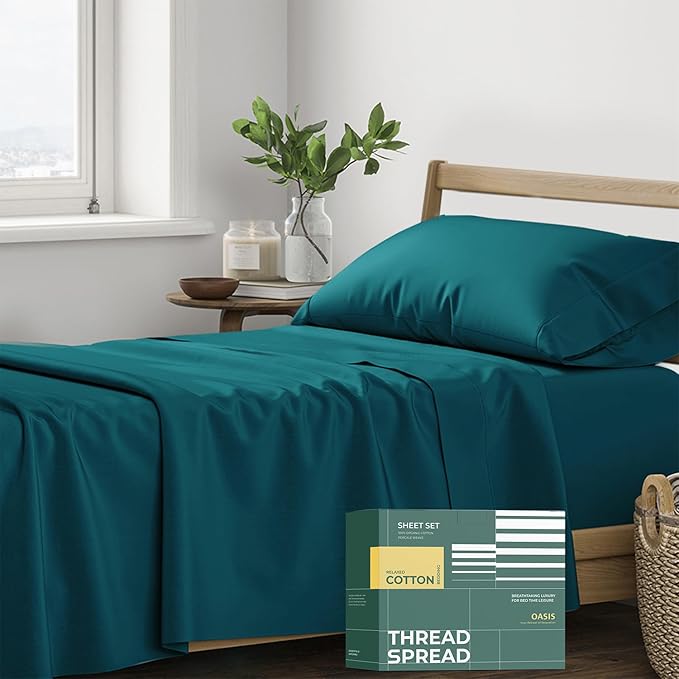 THREAD SPREAD 100% Organic Cotton Sheets Twin XL Size - 3 PC Organic Cotton Twin XL Size Percale Weave Sheet Set, Soft, Cooling, Crisp & Breathable, 16" Deep Pocket Bedding Set for Dorm Room - Teal