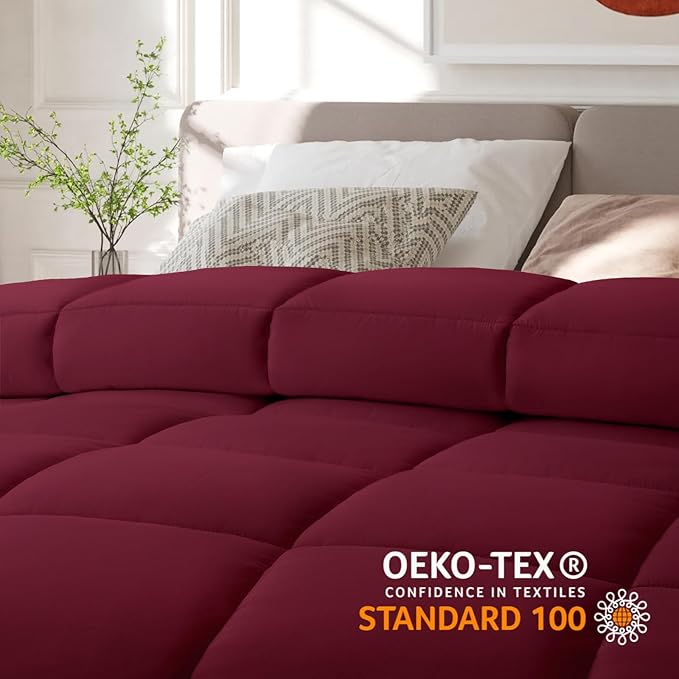COHOME Premium Oversized Queen Size Comforter, All-Season Quilted Down Alternative Duvet Insert, Luxury Hotel GentleSoft Comforter with Anti-Clump Tech & 8 Tabs - Reversible - Burgundy 98x98 inches