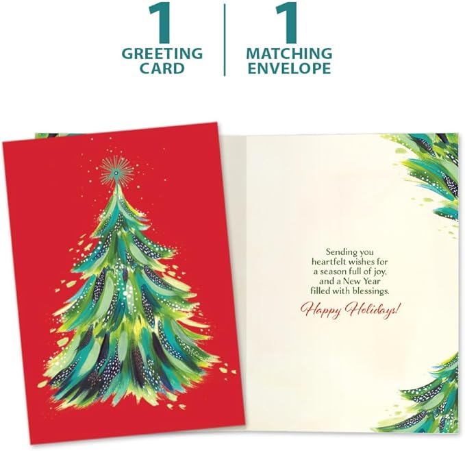 Tree-Free Greetings - Season's Greeting Card - Artful Designs - 1 Card + Matching Envelopes - Made in USA - 100% Recycled Paper - 5 x 7 - Red Tree (VO80703)