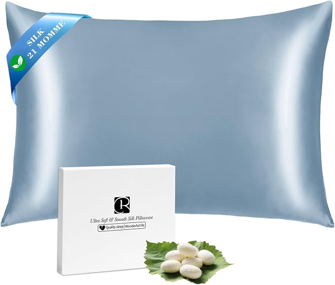 Ravmix Silk Pillow Cases with Zipper, 21momme Mulberry Silk Pillowcase for Hair Skin Health, Soft Smooth Breathable Cool Pillow Cover for Beauty Sleep with Gift Box 1PC(Standard 20"x26", Flint Blue)