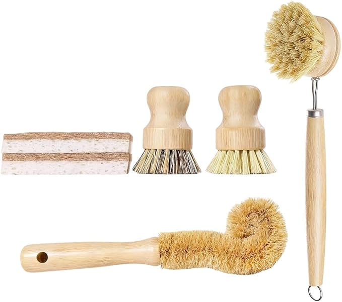 Natural Bamboo Dish Brush 6-Piece Kitchen Cleaning Set with Sisal, Palm Fiber, and Coconut Coir Brush Heads - Multi-Purpose Utensil and Pot Scrubber