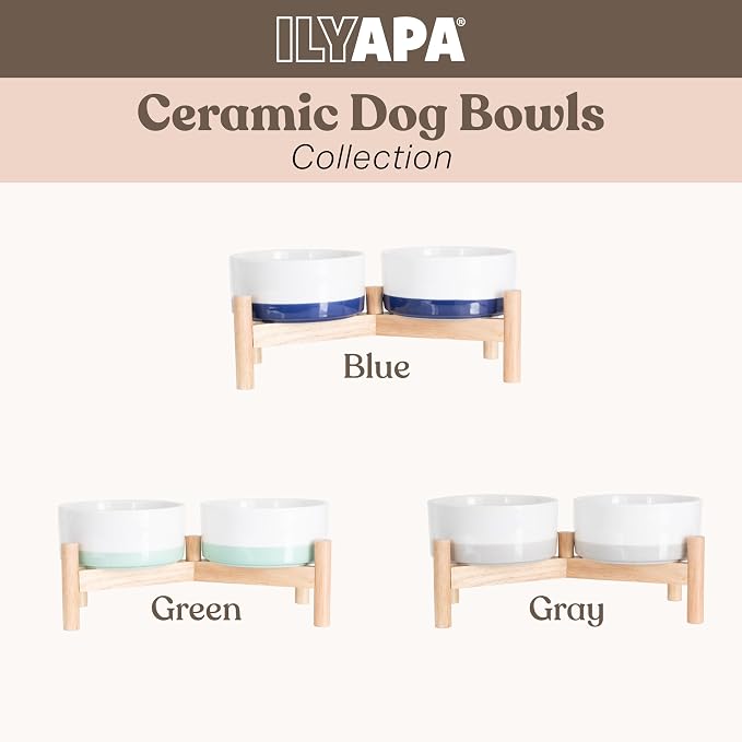 Ilyapa Ceramic Dog Bowls - Elevated for Medium Sized Pet with Raised Food and Water Set - Blue Double 6 inch, 28 Oz Bowls & 13x6.3x5.5 Wooden Stand
